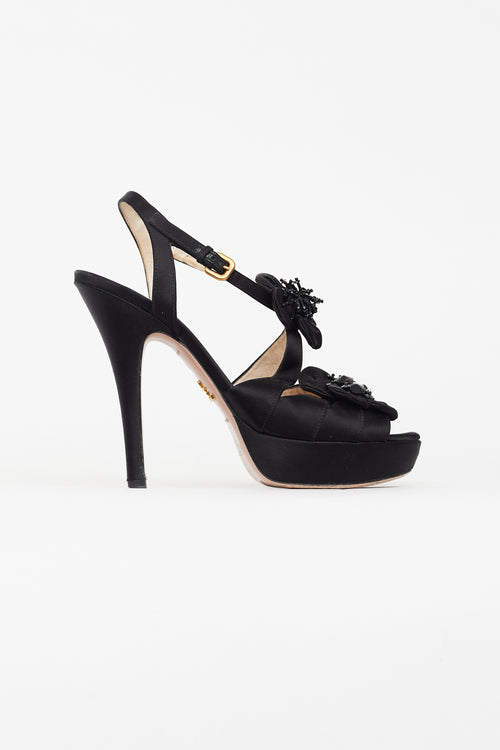 Prada Black Satin Floral Platform Pump