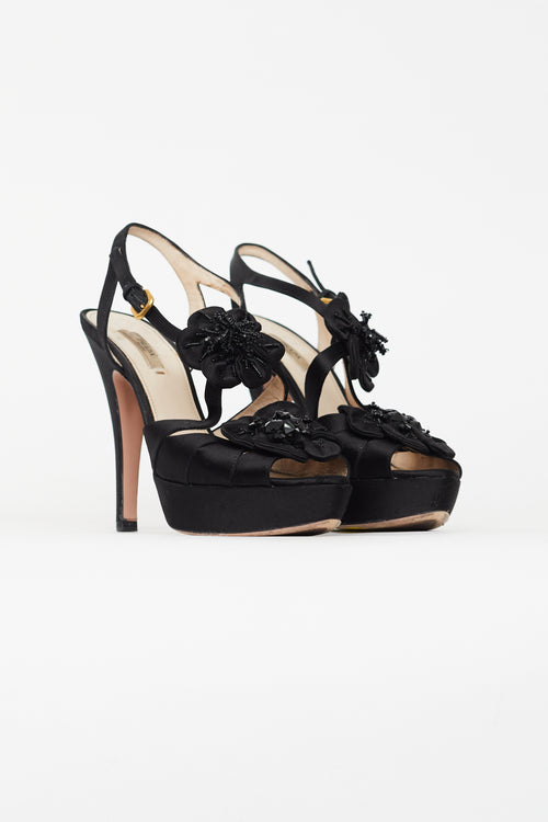 Prada Black Satin Floral Platform Pump