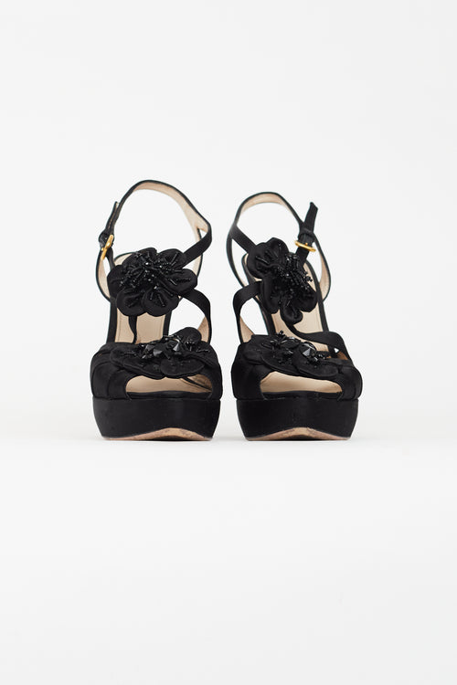 Prada Black Satin Floral Platform Pump