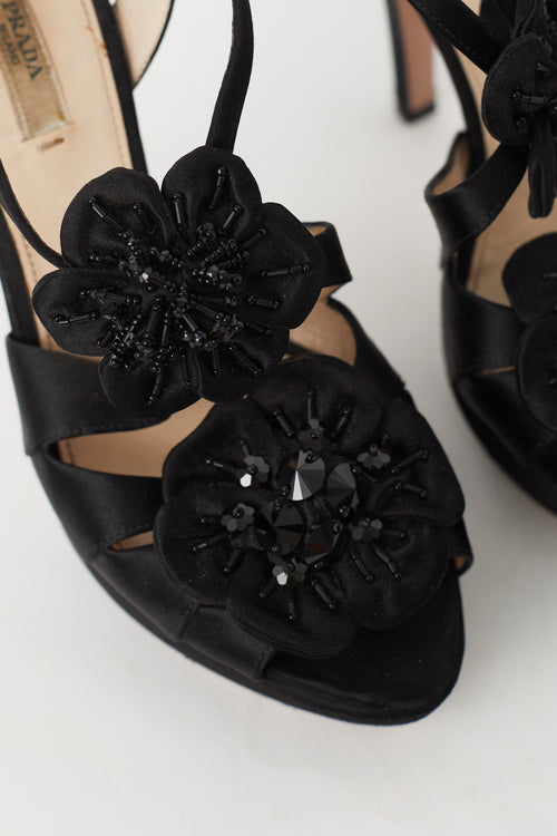 Prada Black Satin Floral Platform Pump