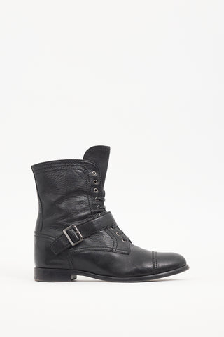 Prada Black Leather Buckled Combat Boot