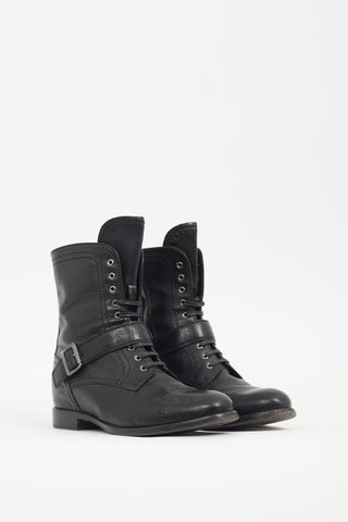 Prada Black Leather Buckled Combat Boot