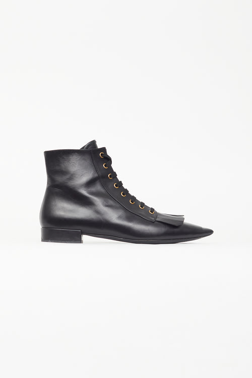 Prada Black Leather Kiltie Bootie