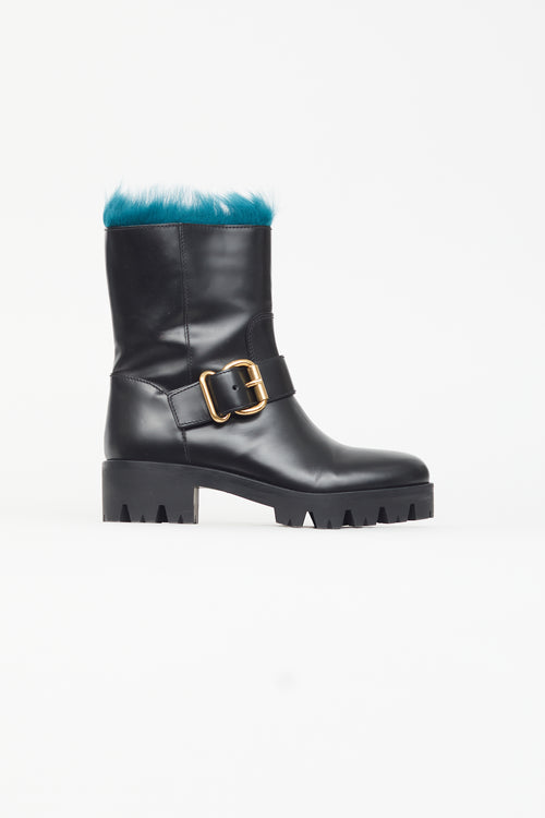 Prada Black Leather 
Blue Fur Boot