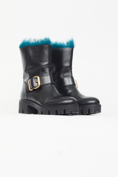 Prada Black Leather 
Blue Fur Boot