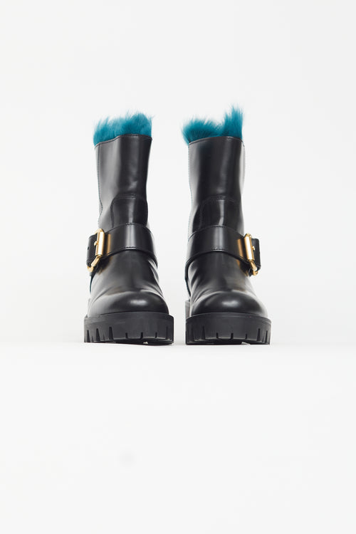 Prada Black Leather 
Blue Fur Boot