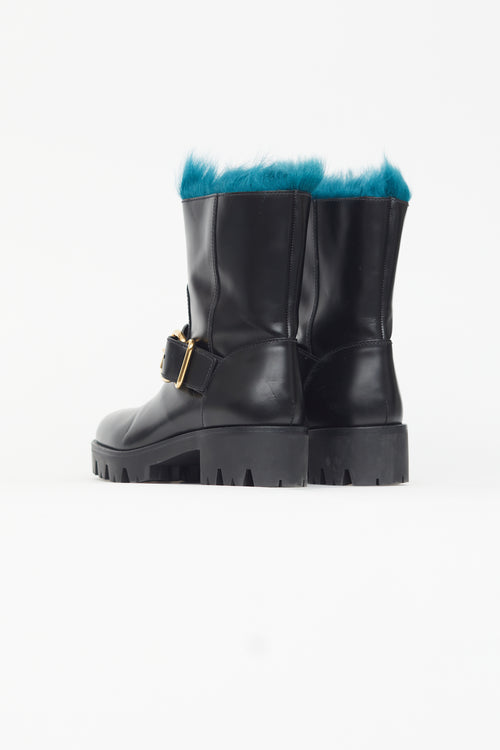 Prada Black Leather 
Blue Fur Boot