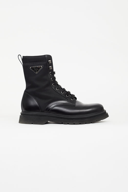 Prada Black Brushed Rois Leather 
Nylon Combat Boot