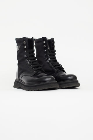 Prada Black Brushed Rois Leather 
Nylon Combat Boot