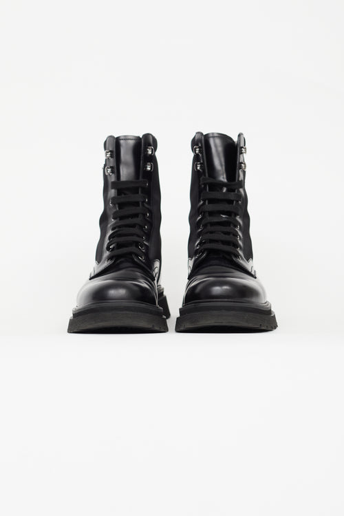 Prada Black Brushed Rois Leather 
Nylon Combat Boot