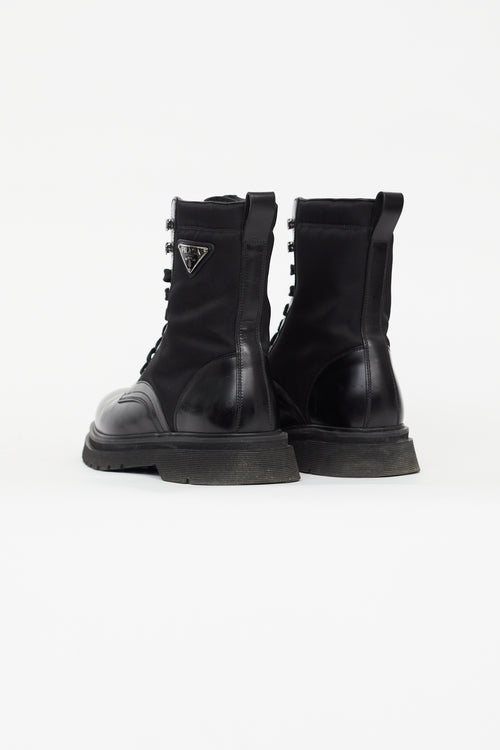 Prada Black Brushed Rois Leather 
Nylon Combat Boot