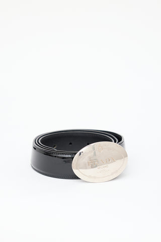 Prada Black Patent Leather Logo Plate Belt