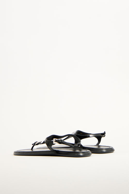 Prada Black Patent Leather Logo T-Strap Sandal