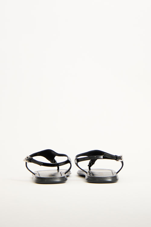 Prada Black Patent Leather Logo T-Strap Sandal