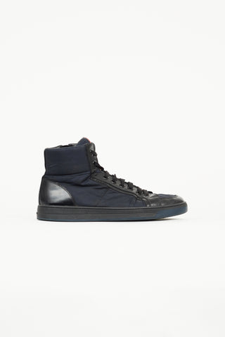 Prada Black 
Navy Patent 
Nylon High Top Sneaker