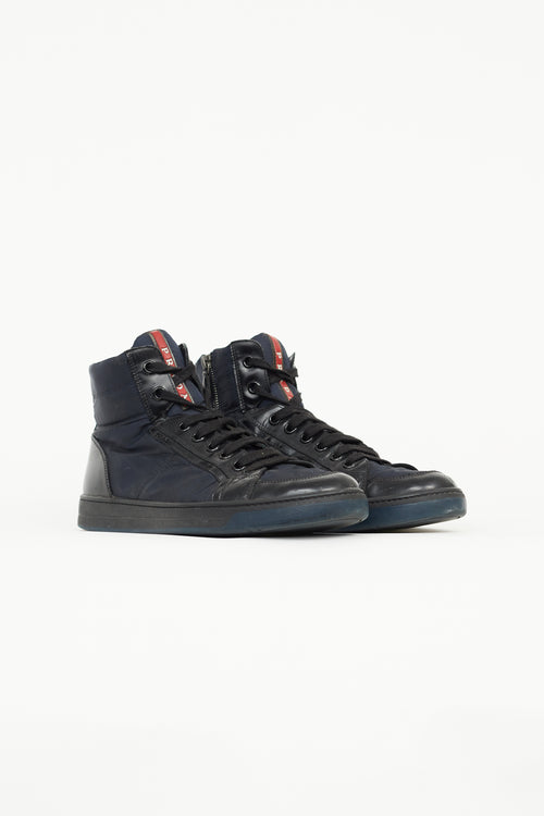 Prada Black 
Navy Patent 
Nylon High Top Sneaker