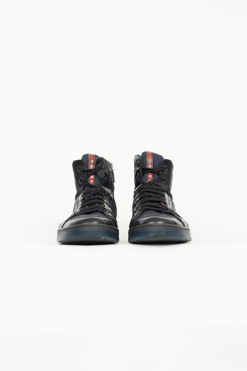 Prada Black 
Navy Patent 
Nylon High Top Sneaker