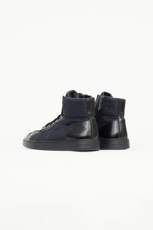 Prada Black 
Navy Patent 
Nylon High Top Sneaker