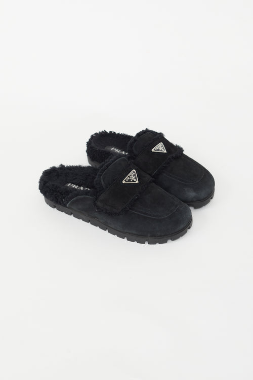 Prada Black Suede and Shearling Loafer Slide