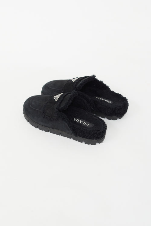 Prada Black Suede and Shearling Loafer Slide