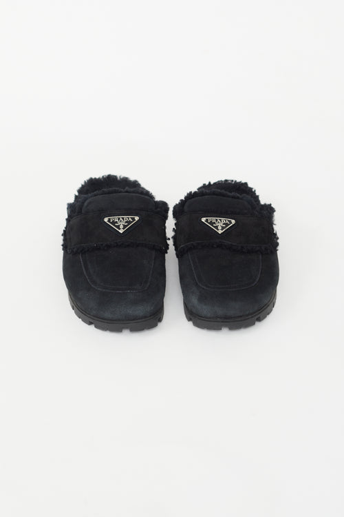 Prada Black Suede and Shearling Loafer Slide