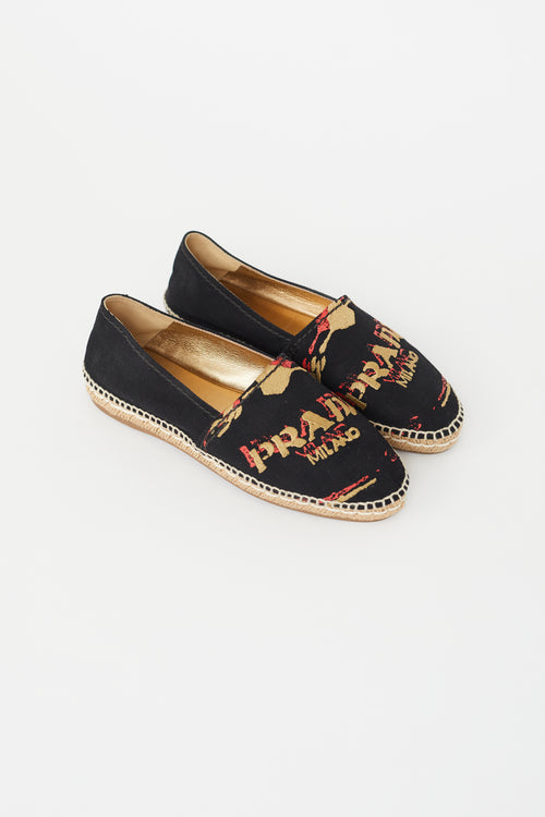 Prada Black 
Multi Embroidered Logo Espadrille Flat