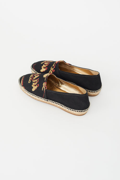 Prada Black 
Multi Embroidered Logo Espadrille Flat