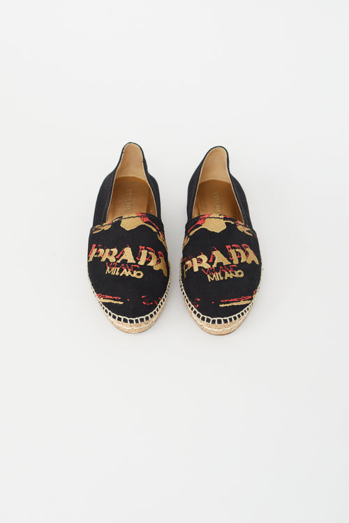 Prada Black 
Multi Embroidered Logo Espadrille Flat