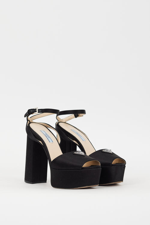 Prada Black Satin Triangle Logo Platform Heel