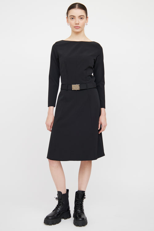 Prada Black Nylon Panel Long Sleeve Dress Dress