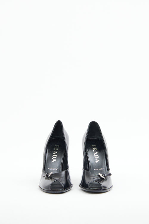 Prada Black Buckle Peep Toe Pump