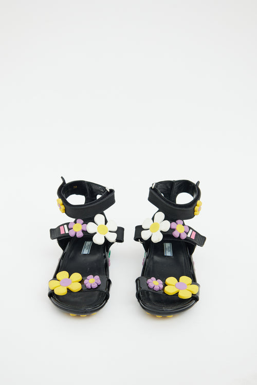 Prada Black Rubber Flower Flat  Sandal