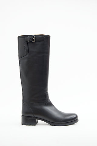 Prada Black Leather Buckle Riding Boot