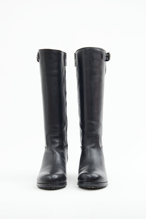 Prada Black Leather Buckle Riding Boot