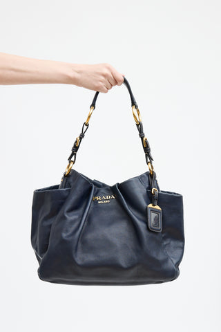 Prada Navy Leather Side Pocket Shoulder Bag