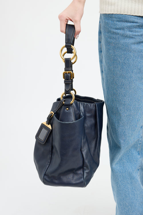 Prada Navy Leather Side Pocket Shoulder Bag