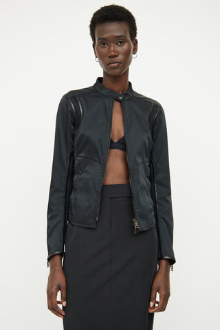 Prada Black Nylon Mesh Leather Trim Jacket