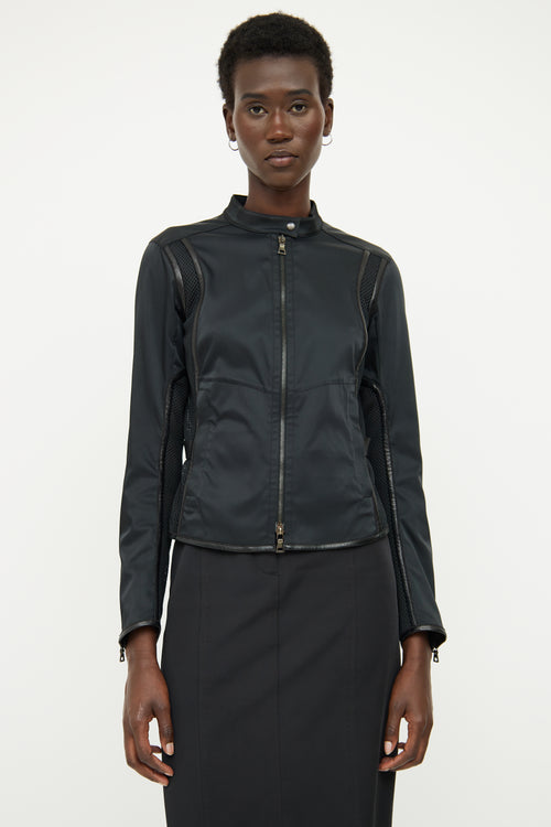 Prada Black Nylon Mesh Leather Trim Jacket