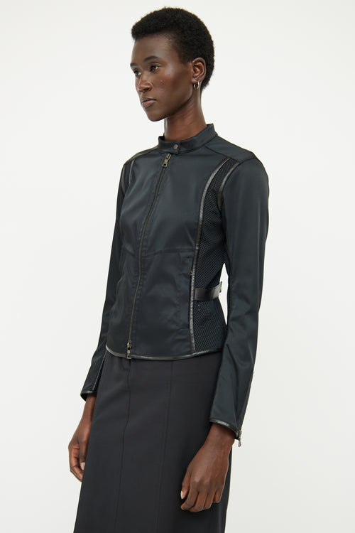 Prada Black Nylon Mesh Leather Trim Jacket