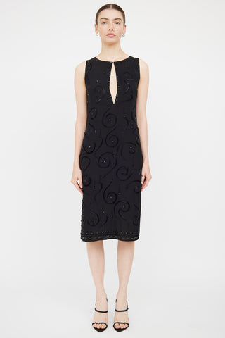 Prada Black Silk Bead 
Feather Detail Dress