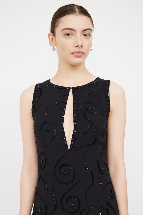 Prada Black Silk Bead 
Feather Detail Dress