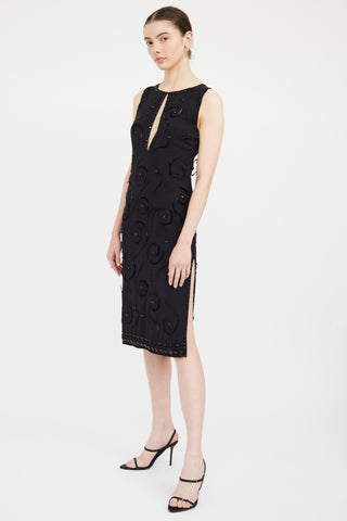 Prada Black Silk Bead 
Feather Detail Dress