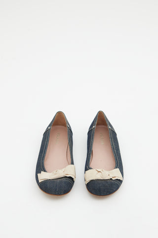 Prada Blue Denim Cream Bow Ballet Flat