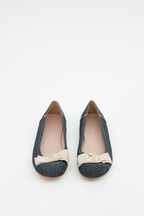 Prada Blue Denim Cream Bow Ballet Flat