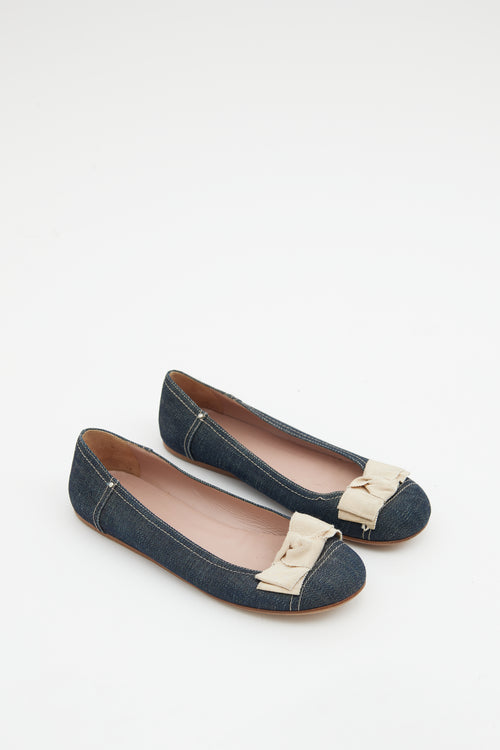 Prada Blue Denim Cream Bow Ballet Flat