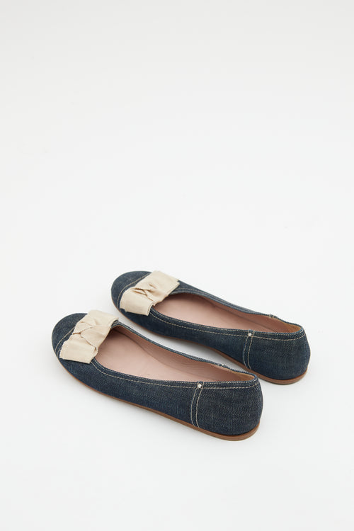 Prada Blue Denim Cream Bow Ballet Flat