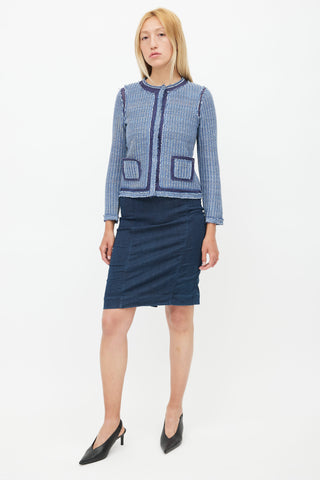 Prada Blue Distressed Tweed Cardigan