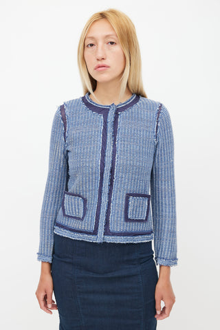 Prada Blue Distressed Tweed Cardigan