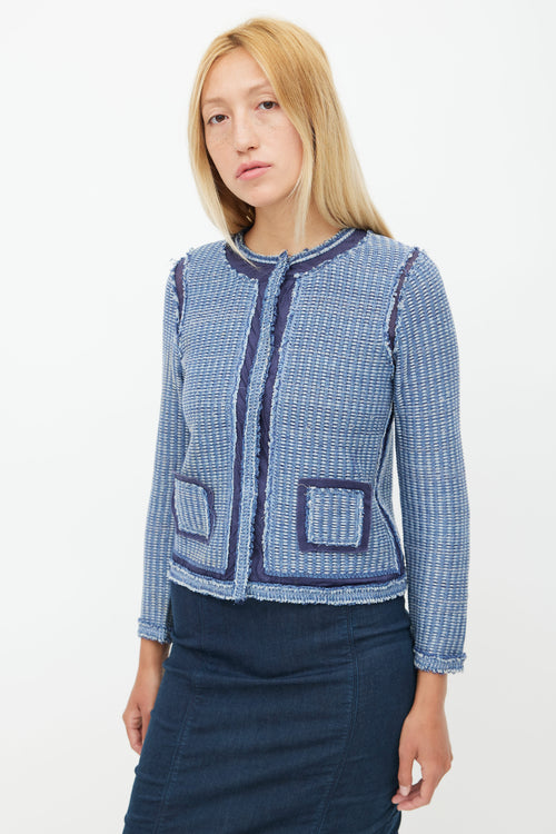 Prada Blue Distressed Tweed Cardigan