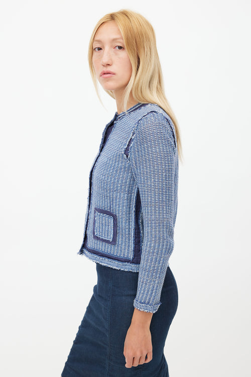 Prada Blue Distressed Tweed Cardigan